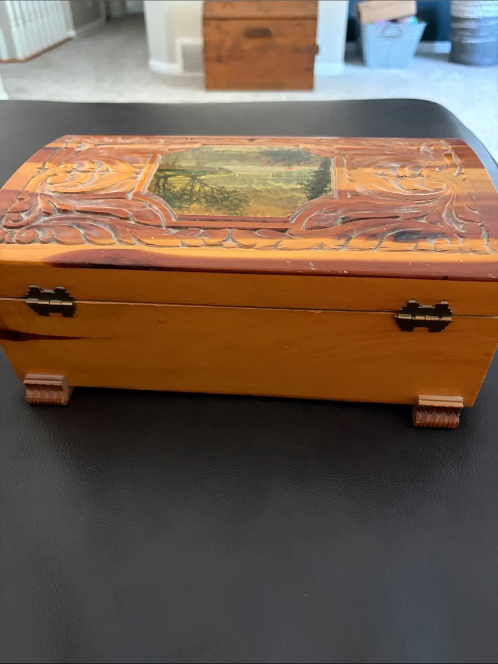 Handcrafted Wooden Jewelry Box with Scenic Inlay